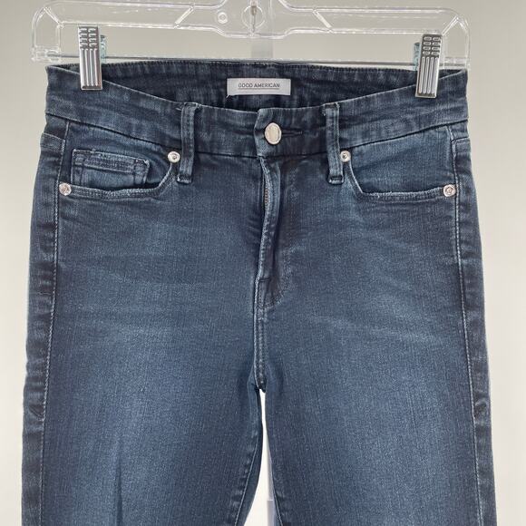 Good American Good Legs Blue Denim Dark Wash Torn Knees Skinny Leg Jeans 0/25 - Picture 3 of 10